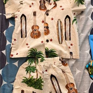 Tropical Ukulele Print Two-Piece Set - Cream & Green